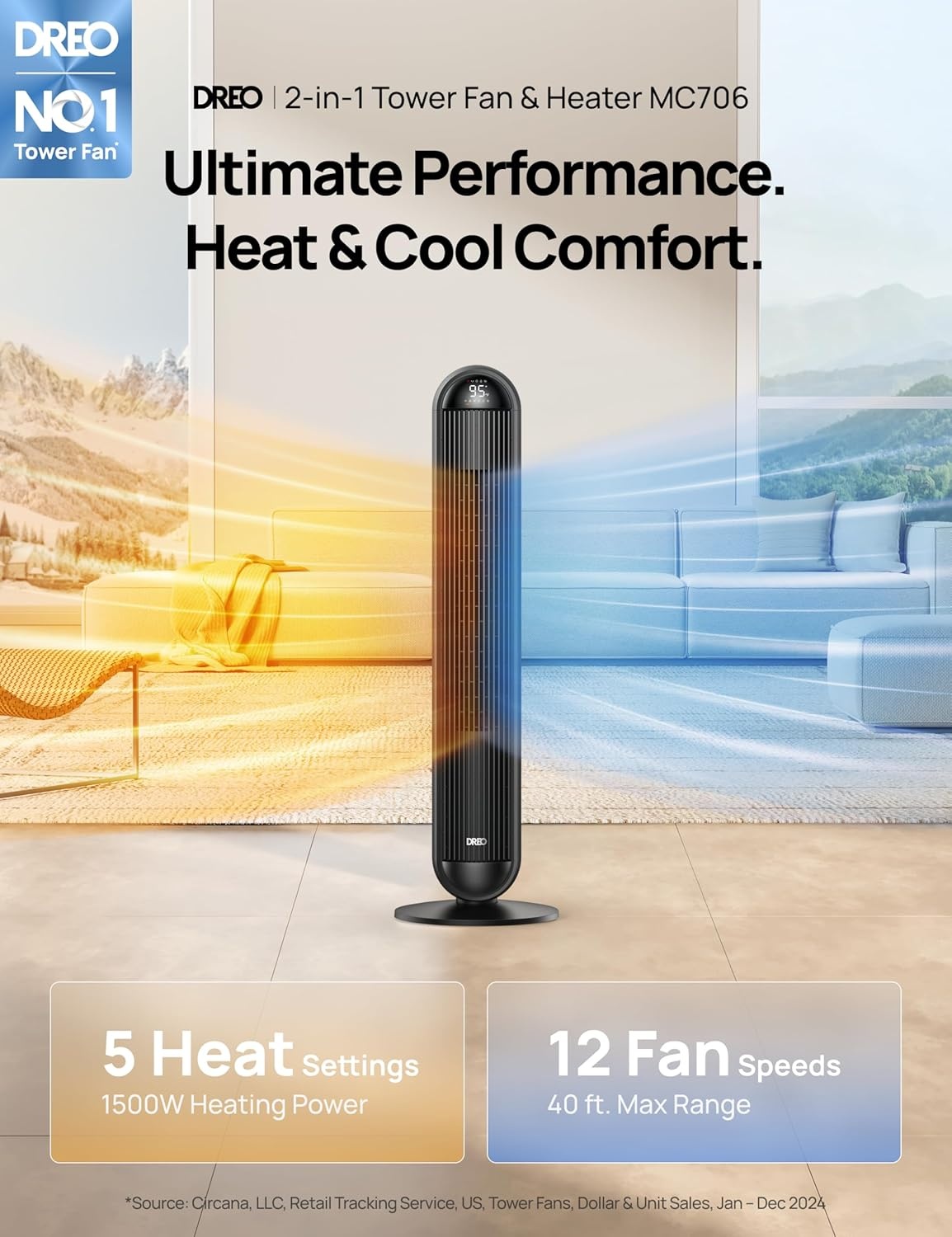 image:imageDREO Tower Fan and Heater Combo 292fts Standing Fans for Bedroom 17 Levels 6 Modes 120 Oscillation 42 Inch 12H Timer 25dB Quiet with Remote for Office Large Room SilverBlack