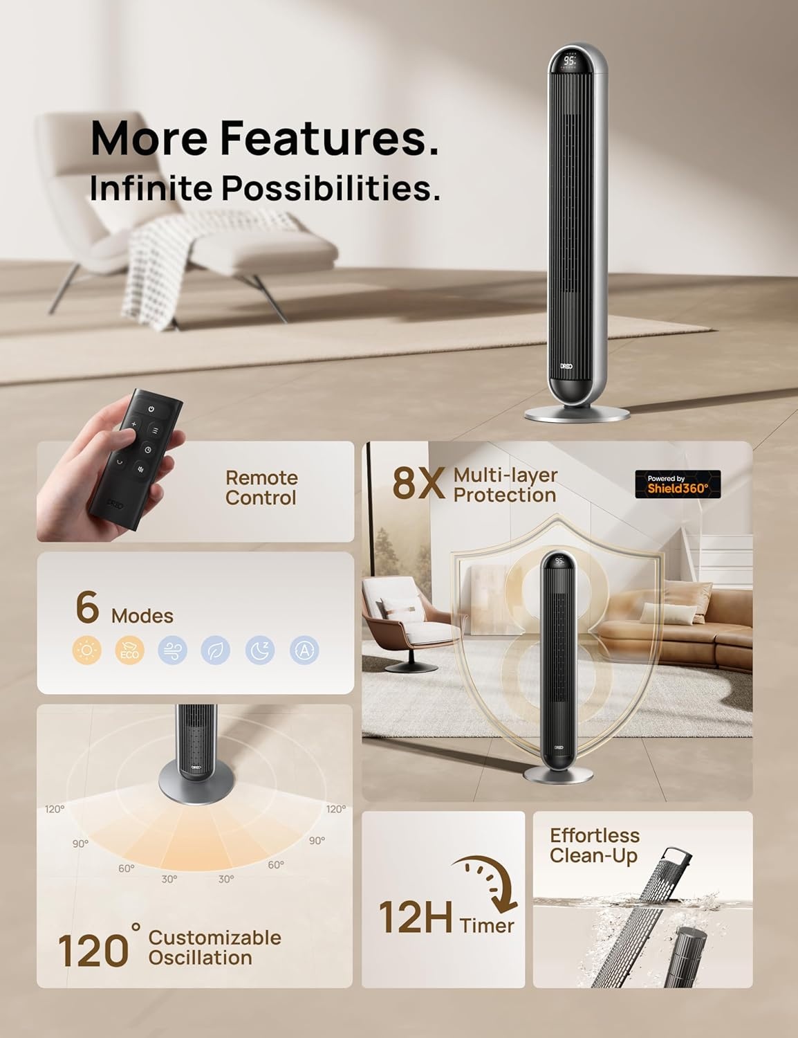 image:imageDREO Tower Fan and Heater Combo 292fts Standing Fans for Bedroom 17 Levels 6 Modes 120 Oscillation 42 Inch 12H Timer 25dB Quiet with Remote for Office Large Room SilverSilver