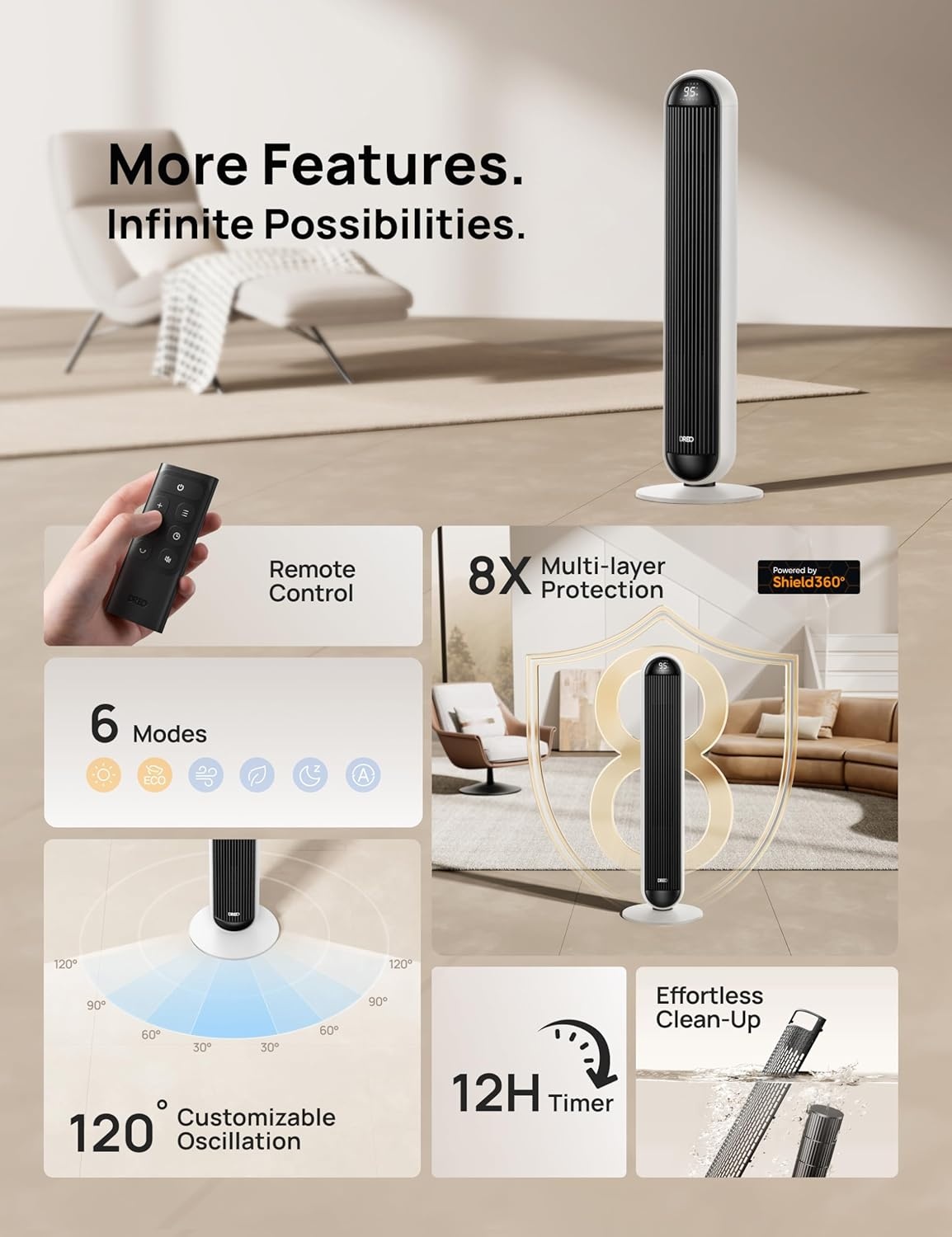 image:imageDREO Tower Fan and Heater Combo 292fts Standing Fans for Bedroom 17 Levels 6 Modes 120 Oscillation 42 Inch 12H Timer 25dB Quiet with Remote for Office Large Room SilverWhite