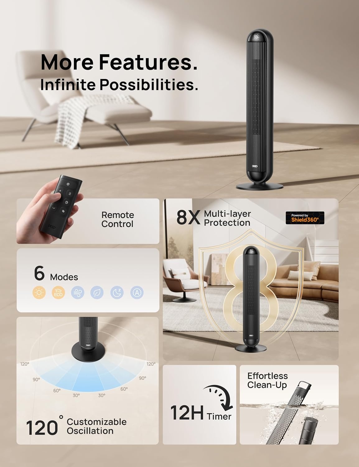 image:imageDREO Tower Fan and Heater Combo 292fts Standing Fans for Bedroom 17 Levels 6 Modes 120 Oscillation 42 Inch 12H Timer 25dB Quiet with Remote for Office Large Room SilverBlack