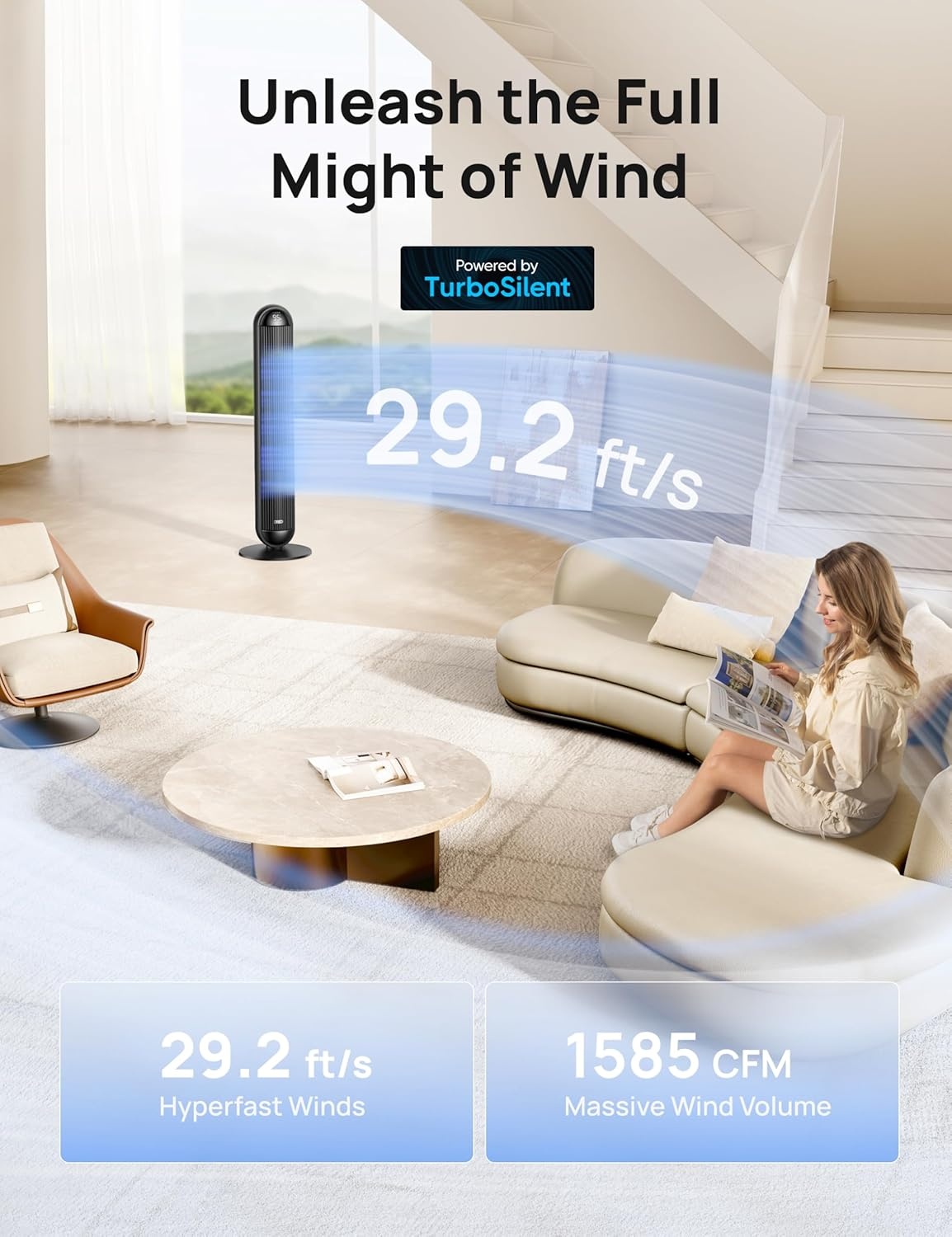 image:imageDREO Tower Fan and Heater Combo 292fts Standing Fans for Bedroom 17 Levels 6 Modes 120 Oscillation 42 Inch 12H Timer 25dB Quiet with Remote for Office Large Room SilverBlack