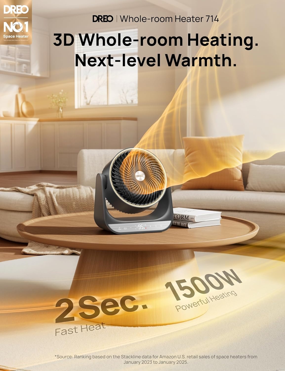 image:imageDREO Whole Room Heater 714 60 Vertical amp 90 Horizontal 3D Oscillating Heating 12 fts LongRange Circulator 3 Heat amp 3 Fan Settings Space Heaters for Indoor Use Bedroom Office BlackGrey