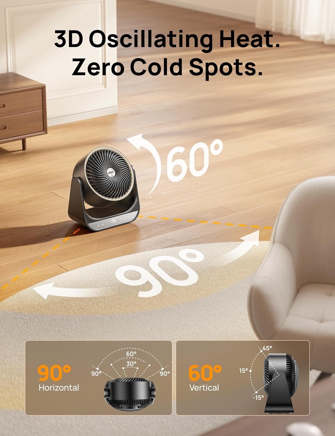 image:imageDREO Whole Room Heater 714 60 Vertical amp 90 Horizontal 3D Oscillating Heating 12 fts LongRange Circulator 3 Heat amp 3 Fan Settings Space Heaters for Indoor Use Bedroom Office BlackBlack