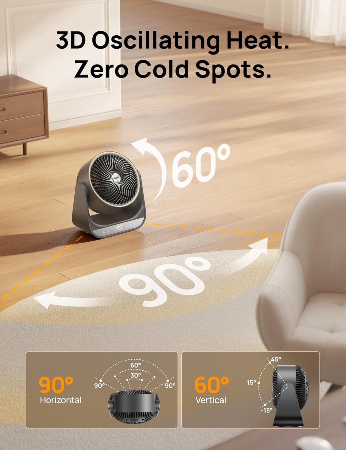 image:imageDREO Whole Room Heater 714 60 Vertical amp 90 Horizontal 3D Oscillating Heating 12 fts LongRange Circulator 3 Heat amp 3 Fan Settings Space Heaters for Indoor Use Bedroom Office BlackGrey