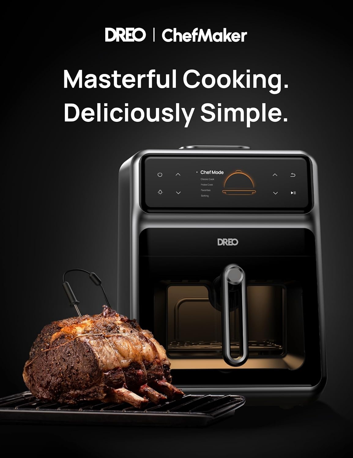 image:imageDreo ChefMaker Combi Fryer Cook like a pro with just the press of a button Smart Air Fryer Cooker with Cook probe Water Atomizer 3 professional cooking modes 6 QT