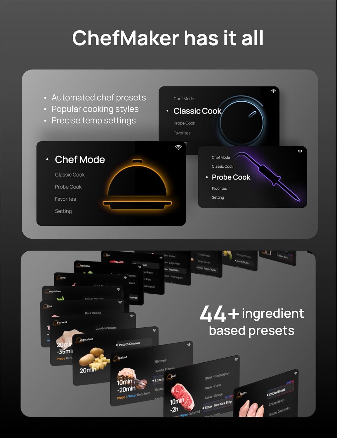 image:imageDreo ChefMaker Combi Fryer Cook like a pro with just the press of a button Smart Air Fryer Cooker with Cook probe Water Atomizer 3 professional cooking modes 6 QT