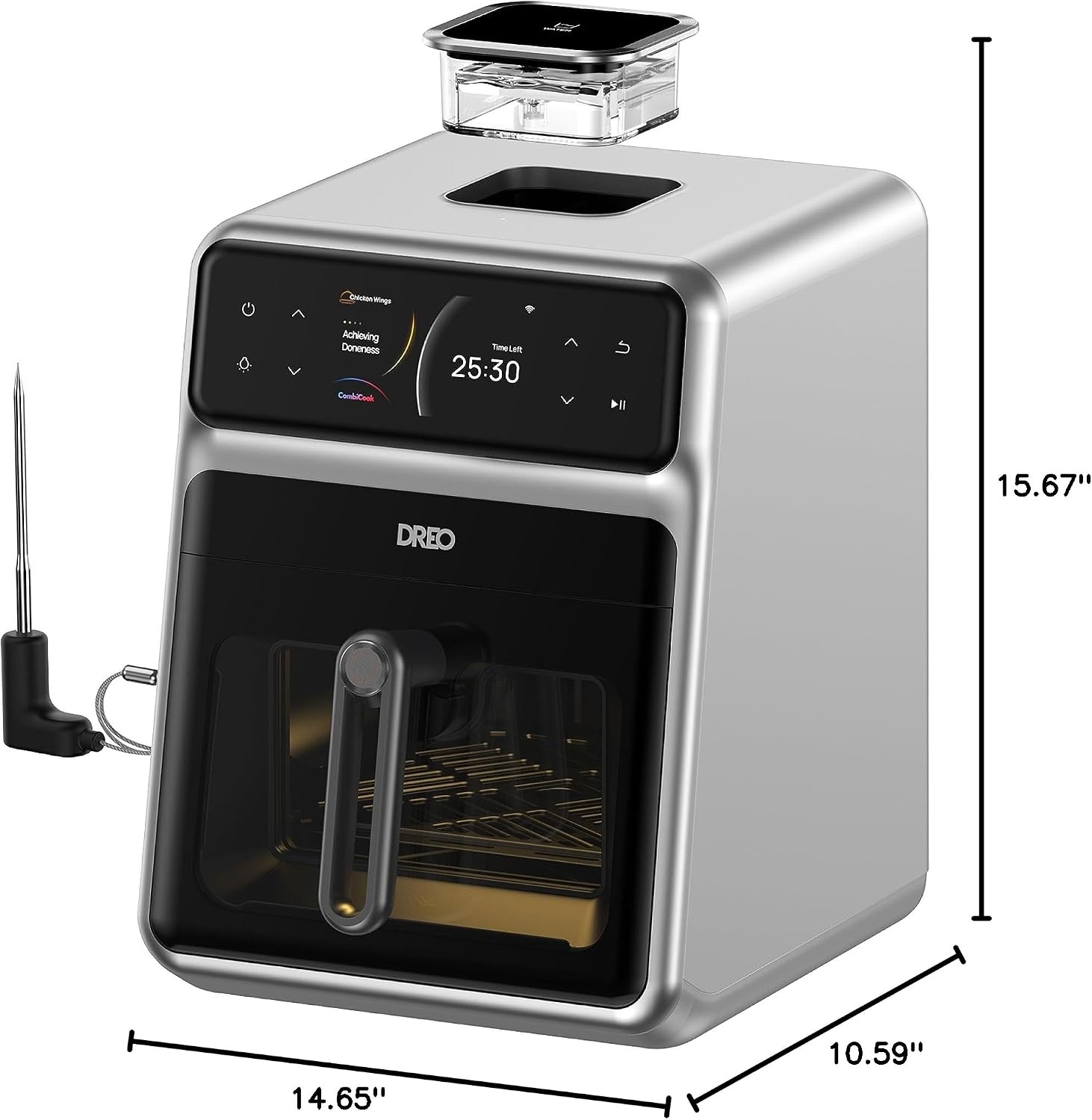 image:imageDreo ChefMaker Combi Fryer Cook like a pro with just the press of a button Smart Air Fryer Cooker with Cook probe Water Atomizer 3 professional cooking modes 6 QT