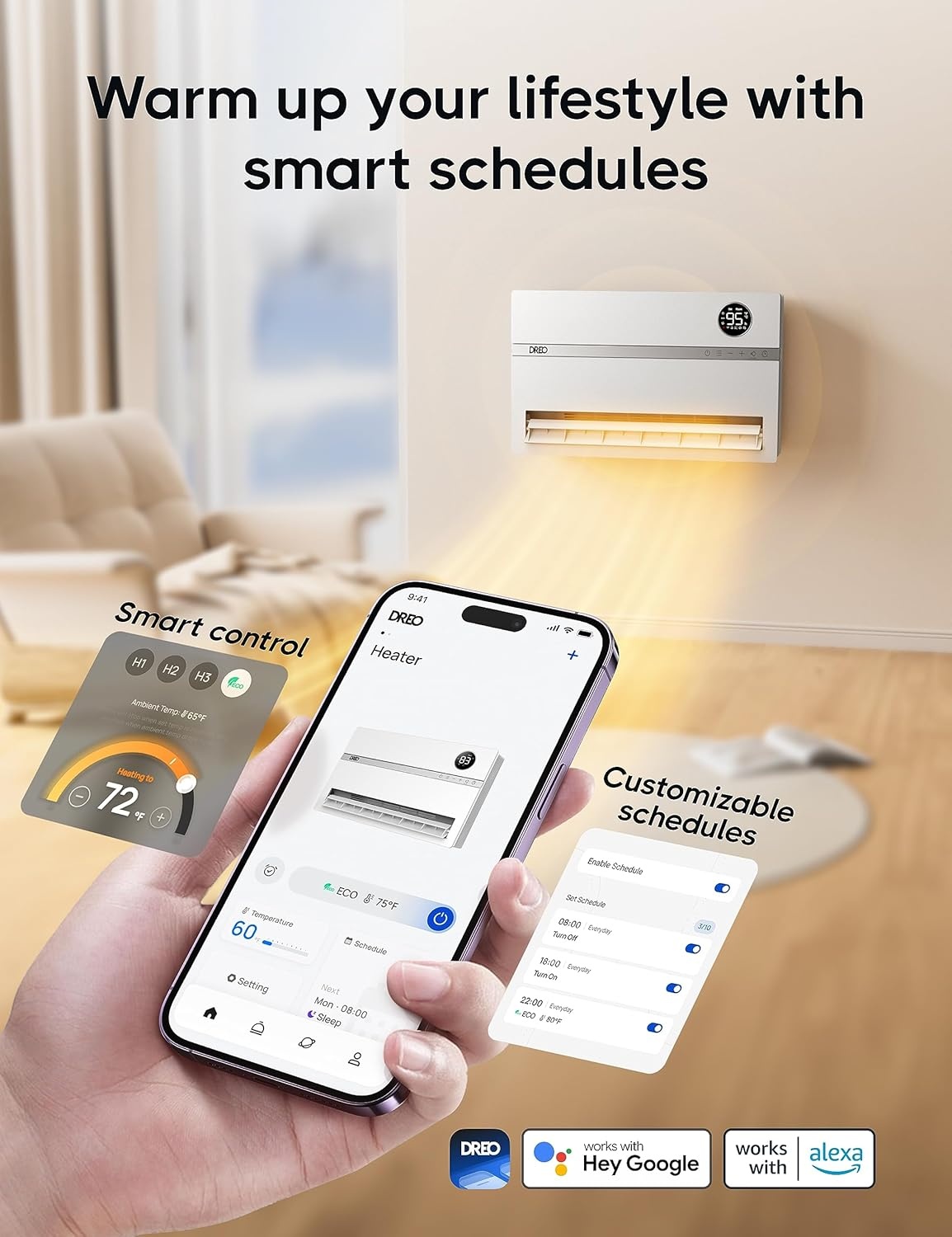 image:imageDreo Smart Wall Heater Electric Space Heater for Bedroom 1500W 120 Vertical Oscillation Adjustable Thermostat Remote Control 24H Timer EasyMount Heater for Indoor Use Works with Alexa WH719SWhite