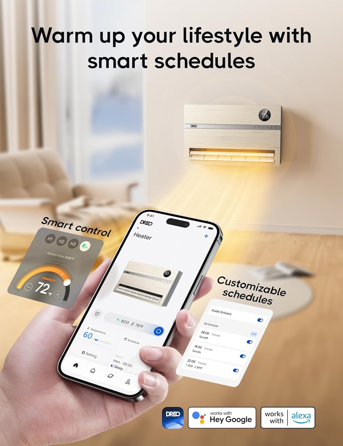 image:imageDreo Smart Wall Heater Electric Space Heater for Bedroom 1500W 120 Vertical Oscillation Adjustable Thermostat Remote Control 24H Timer EasyMount Heater for Indoor Use Works with Alexa WH719SWooden