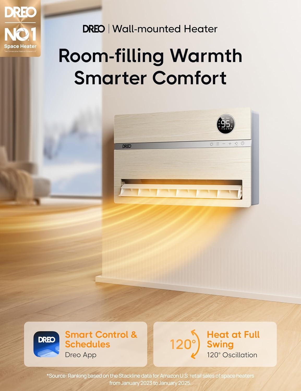 image:imageDreo Smart Wall Heater Electric Space Heater for Bedroom 1500W 120 Vertical Oscillation Adjustable Thermostat Remote Control 24H Timer EasyMount Heater for Indoor Use Works with Alexa WH719SWooden