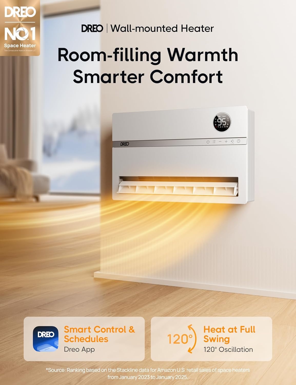 image:imageDreo Smart Wall Heater Electric Space Heater for Bedroom 1500W 120 Vertical Oscillation Adjustable Thermostat Remote Control 24H Timer EasyMount Heater for Indoor Use Works with Alexa WH719SWhite