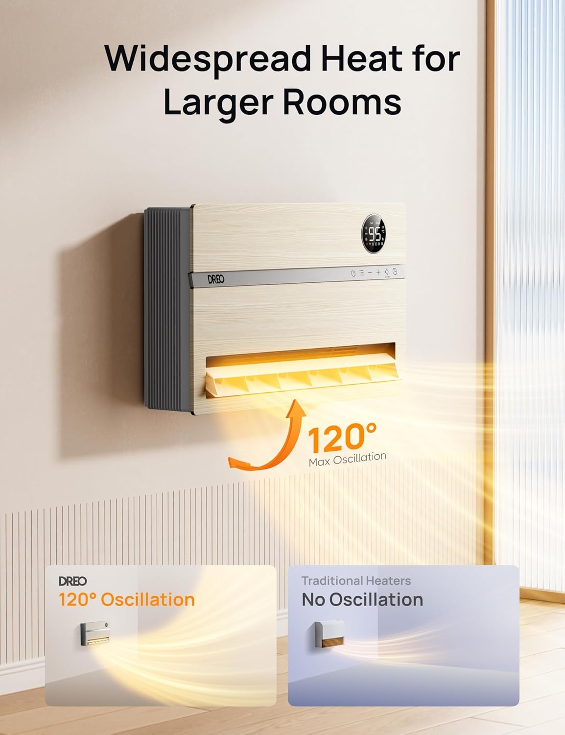 image:imageDreo Smart Wall Heater Electric Space Heater for Bedroom 1500W 120 Vertical Oscillation Adjustable Thermostat Remote Control 24H Timer EasyMount Heater for Indoor Use Works with Alexa WH719SWooden
