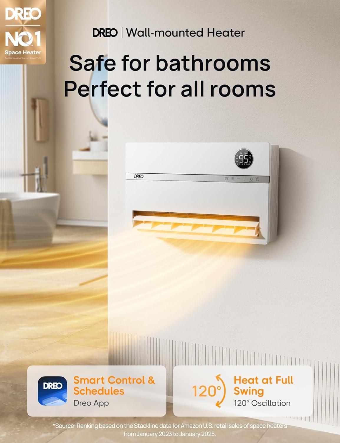 image:imageDreo Smart Wall Heater Electric Space Heater for Bedroom 1500W 120 Vertical Oscillation Adjustable Thermostat Remote Control 24H Timer EasyMount Heater for Indoor Use Works with Alexa WH719SWhite