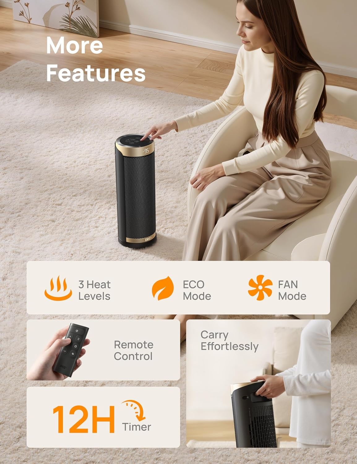 image:imageDreo Space Heater 1500W Electric Heaters for Indoor Use with Thermostat 70 Oscillation 8 Safety Protections 5 Modes Remote 12H Timer Quiet Portable Heater for Office Bedroom Large RoomGold