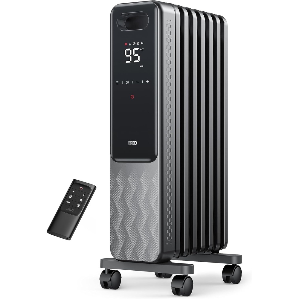 image:imageDREO Oil Filled Radiator Electric Radiant Heaters for indoor use Large Room with Remote Control Child Lock 4 Modes Overheat amp TipOver Protection 24h Timer Digital Thermostat Quiet 1500WSpace Grey