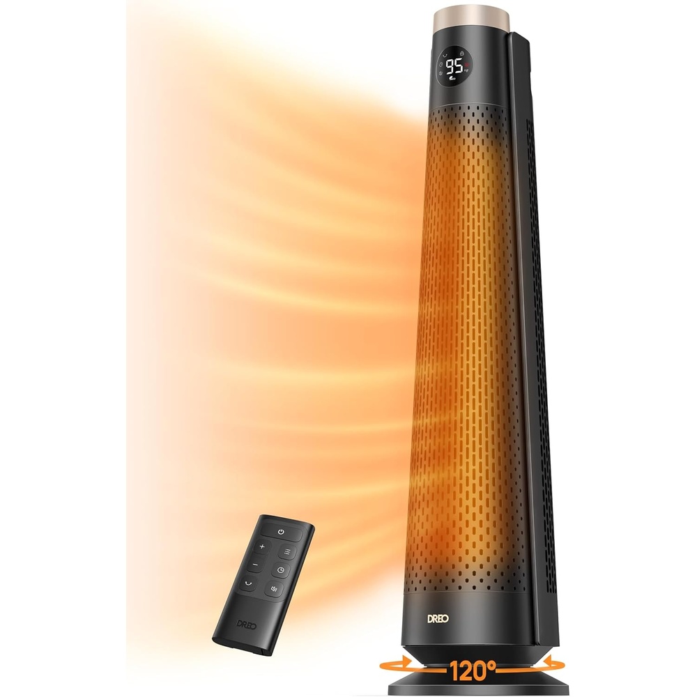 image:imageDREO Space Heater Large Room 30 Electric Heaters with Remote 120 Oscillation Adjustable Thermostat 5 Heat amp 3 Fan levels 8 Safety Protections 25dB Quiet 112H Timer Heater for Office BlackGold