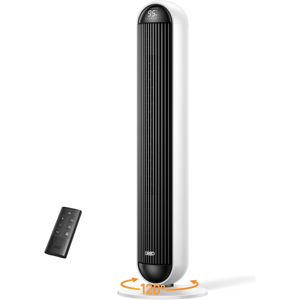 image:imageDREO Tower Fan and Heater Combo 292fts Standing Fans for Bedroom 17 Levels 6 Modes 120 Oscillation 42 Inch 12H Timer 25dB Quiet with Remote for Office Large Room SilverWhite