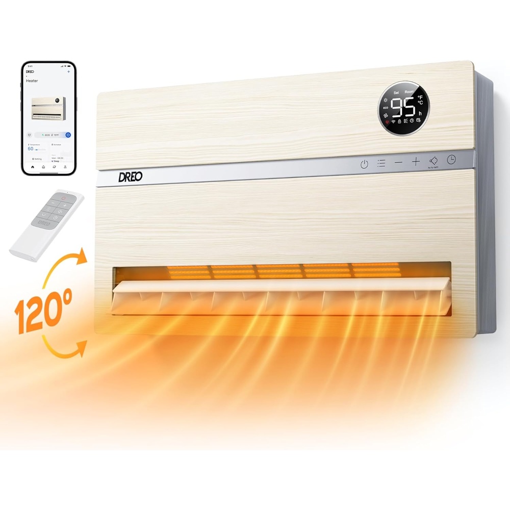 image:imageDreo Smart Wall Heater Electric Space Heater for Bedroom 1500W 120 Vertical Oscillation Adjustable Thermostat Remote Control 24H Timer EasyMount Heater for Indoor Use Works with Alexa WH719SWooden