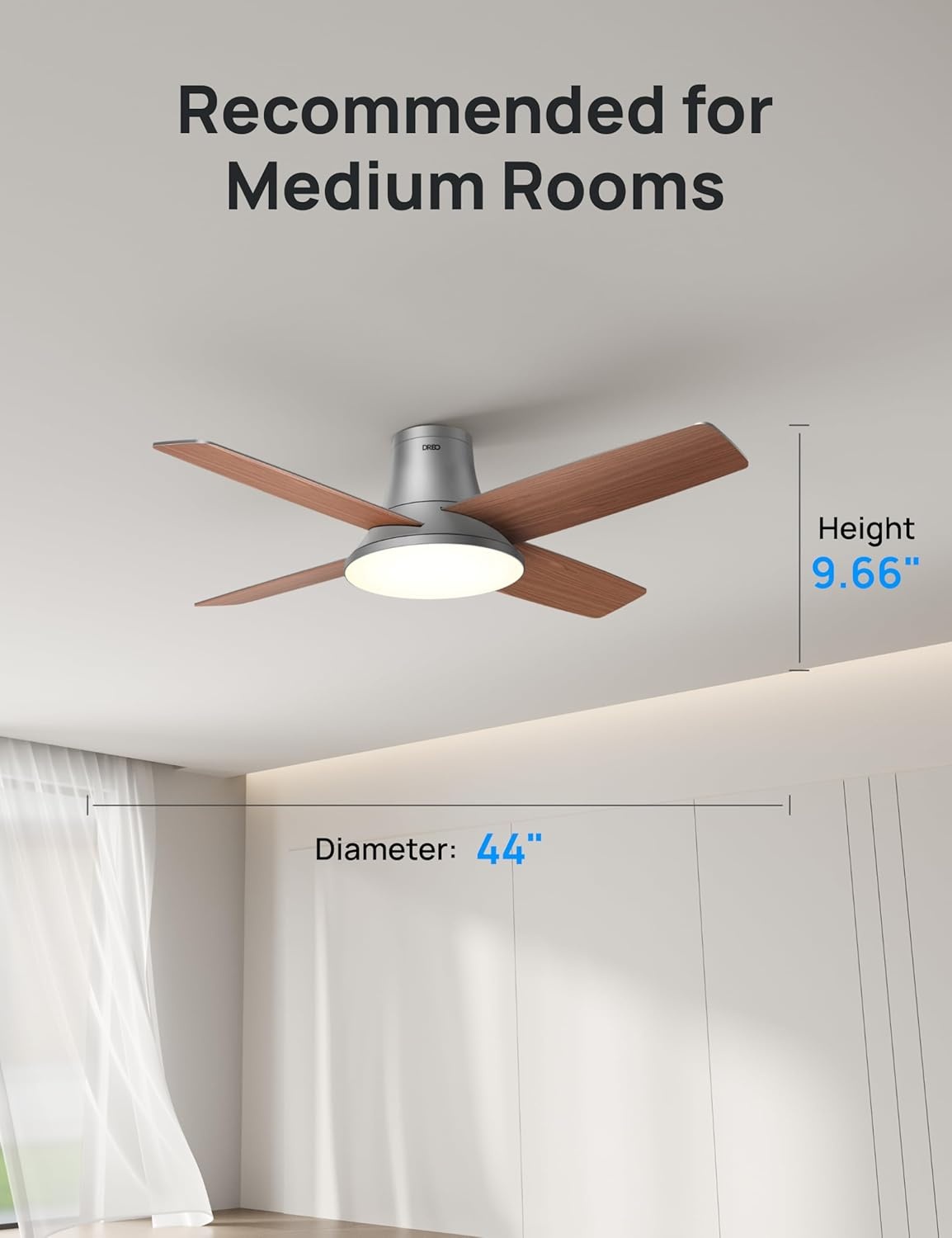 image:imageDREO Ceiling Fan 44 Inch Low Profile Ceiling Fan with Light and Remote 5CCT LED 6Level Dimmable 6Speed Reversible Motor 22 dB Timer EasyInstall Black Flush Mount for BedroomBlack