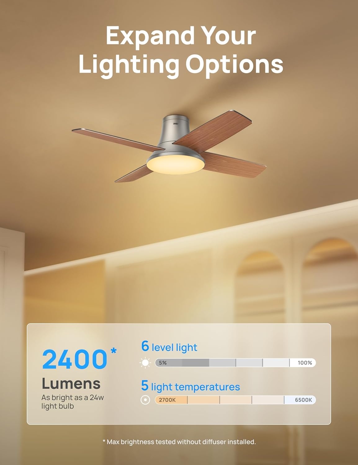 image:imageDREO Ceiling Fan 44 Inch Low Profile Ceiling Fan with Light and Remote 5CCT LED 6Level Dimmable 6Speed Reversible Motor 22 dB Timer EasyInstall Black Flush Mount for BedroomSilver