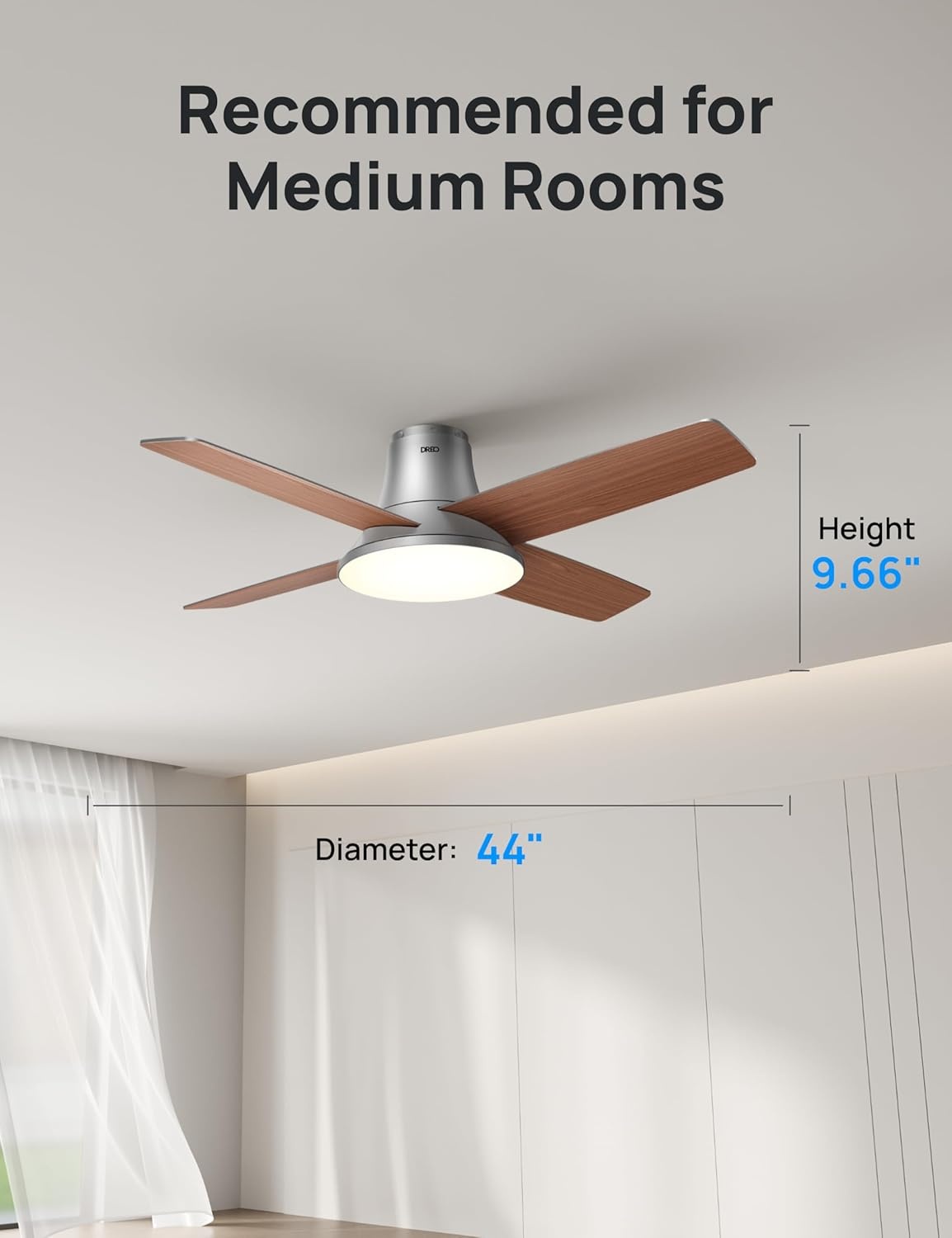 image:imageDREO Ceiling Fan 44 Inch Low Profile Ceiling Fan with Light and Remote 5CCT LED 6Level Dimmable 6Speed Reversible Motor 22 dB Timer EasyInstall Black Flush Mount for BedroomSilver