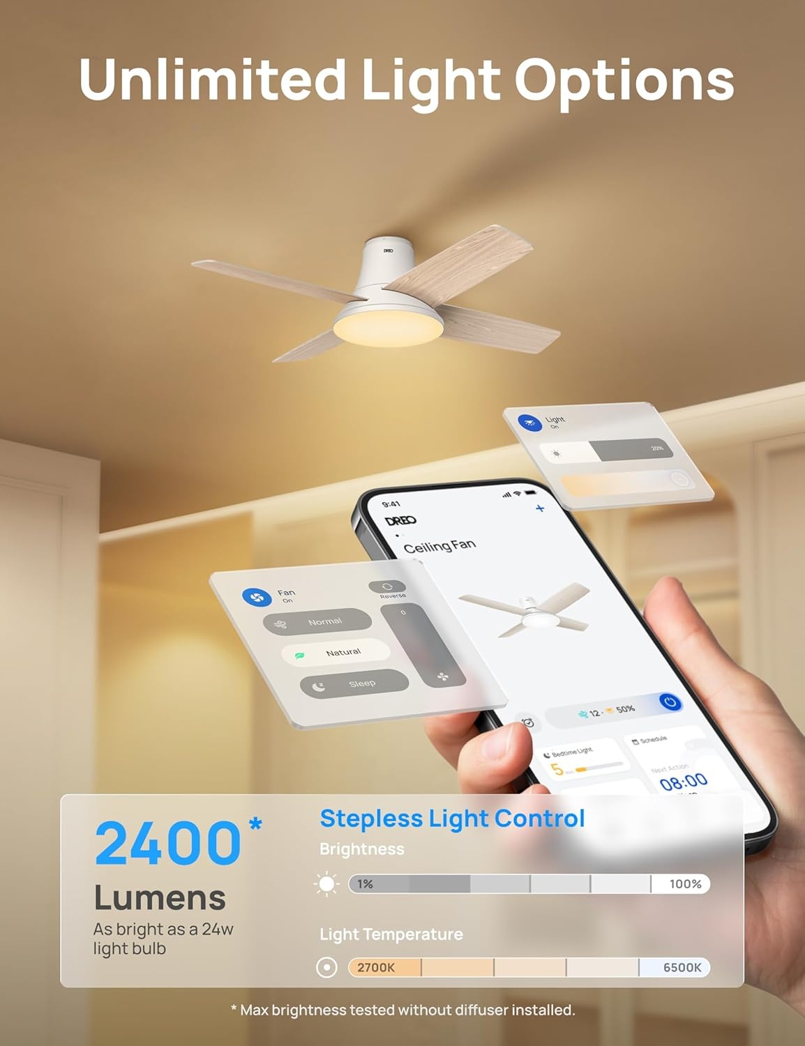 image:imageDREO Ceiling Fans with Lights 12 Speeds amp 3 Fan Modes Quiet DC Motor Low Profile Easy to Install Flush Mount Smart Ceiling Fan with Dimmable LED 12H Timer for Bedroom Remote White 44White