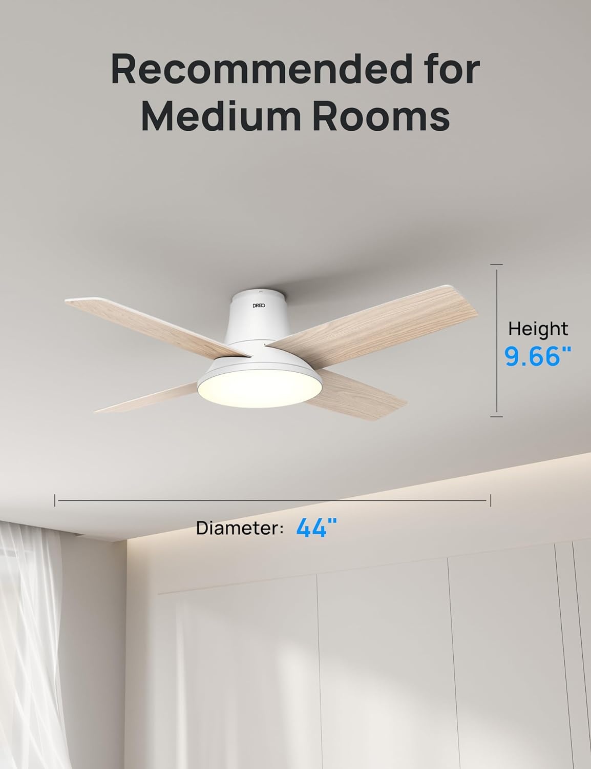 image:imageDREO Ceiling Fans with Lights 12 Speeds amp 3 Fan Modes Quiet DC Motor Low Profile Easy to Install Flush Mount Smart Ceiling Fan with Dimmable LED 12H Timer for Bedroom Remote White 44White