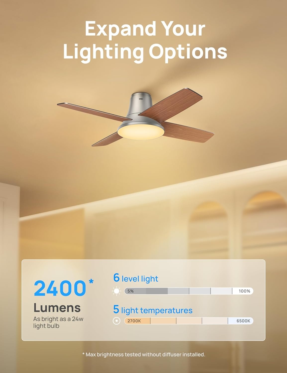 image:imageDREO Ceiling Fans with Lights 12 Speeds amp 3 Fan Modes Quiet DC Motor Low Profile Easy to Install Flush Mount Smart Ceiling Fan with Dimmable LED 12H Timer for Bedroom Remote White 44Silver