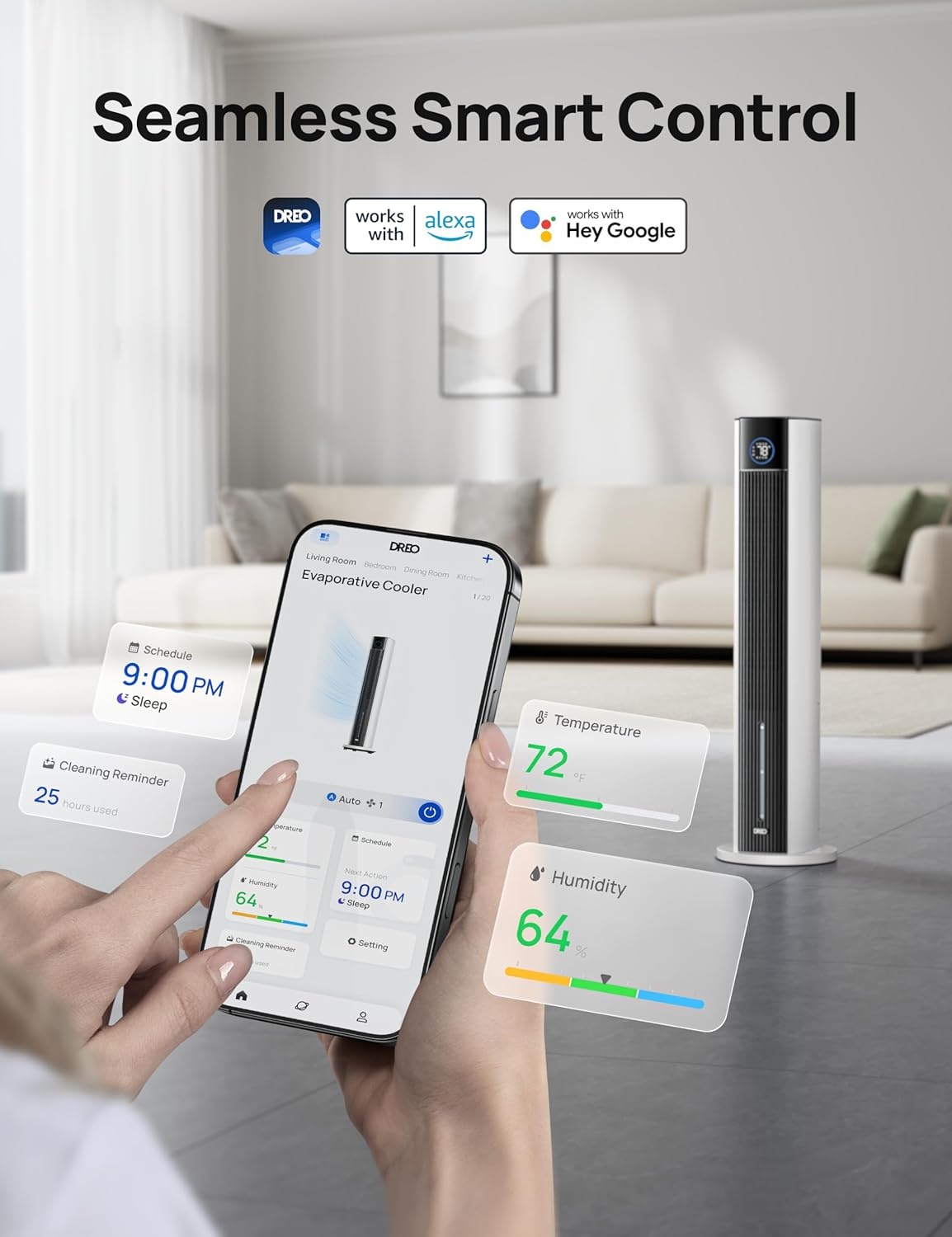 image:imageDREO Evaporative Air Swamp Cooler 43 Cooling Fans that Blow Cold Air 2025 Upgraded 85 Oscillating Floor Fan for Bedroom Easy Cleaning APP Control Ice Packs 4 Speeds amp 4 Modes 12H Timer WhiteWhite