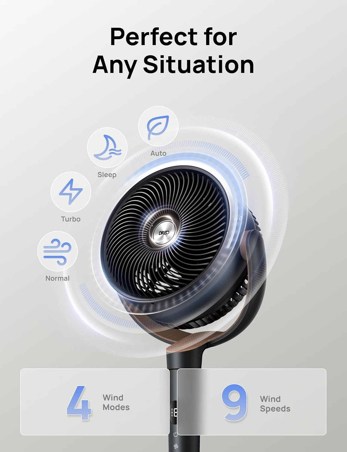 image:imageDREO Fan for Bedroom 120 Oscillating Standing Fans Quiet Floor Fan with DC Motor 100ft Pedestal Fans for Room 9 Speeds 4 modes 20dB 120 Manual Vertical 3742 Adjustable Height 8H TimerBlack and Gray