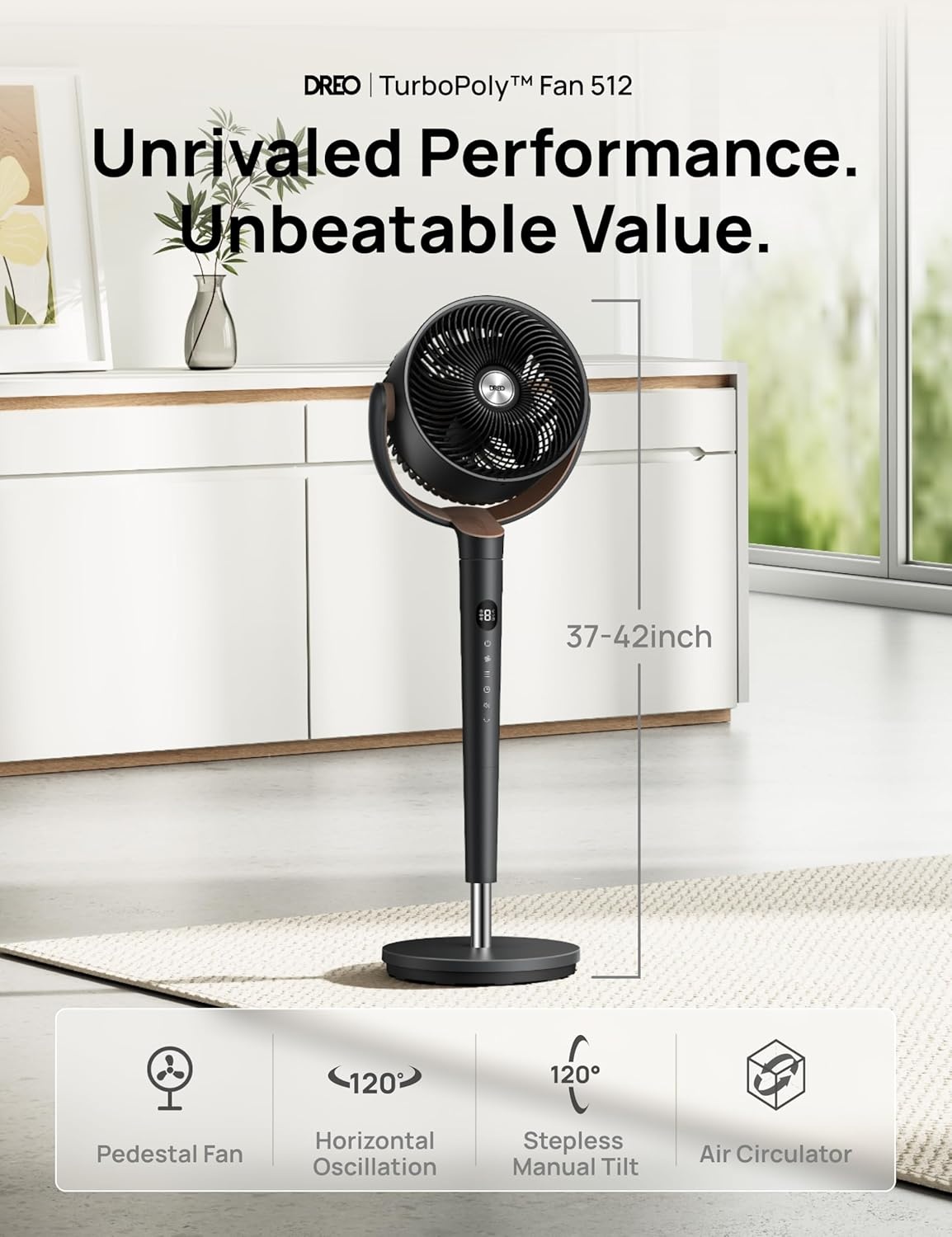 image:imageDREO Fan for Bedroom 120 Oscillating Standing Fans Quiet Floor Fan with DC Motor 100ft Pedestal Fans for Room 9 Speeds 4 modes 20dB 120 Manual Vertical 3742 Adjustable Height 8H TimerBlack and Gray