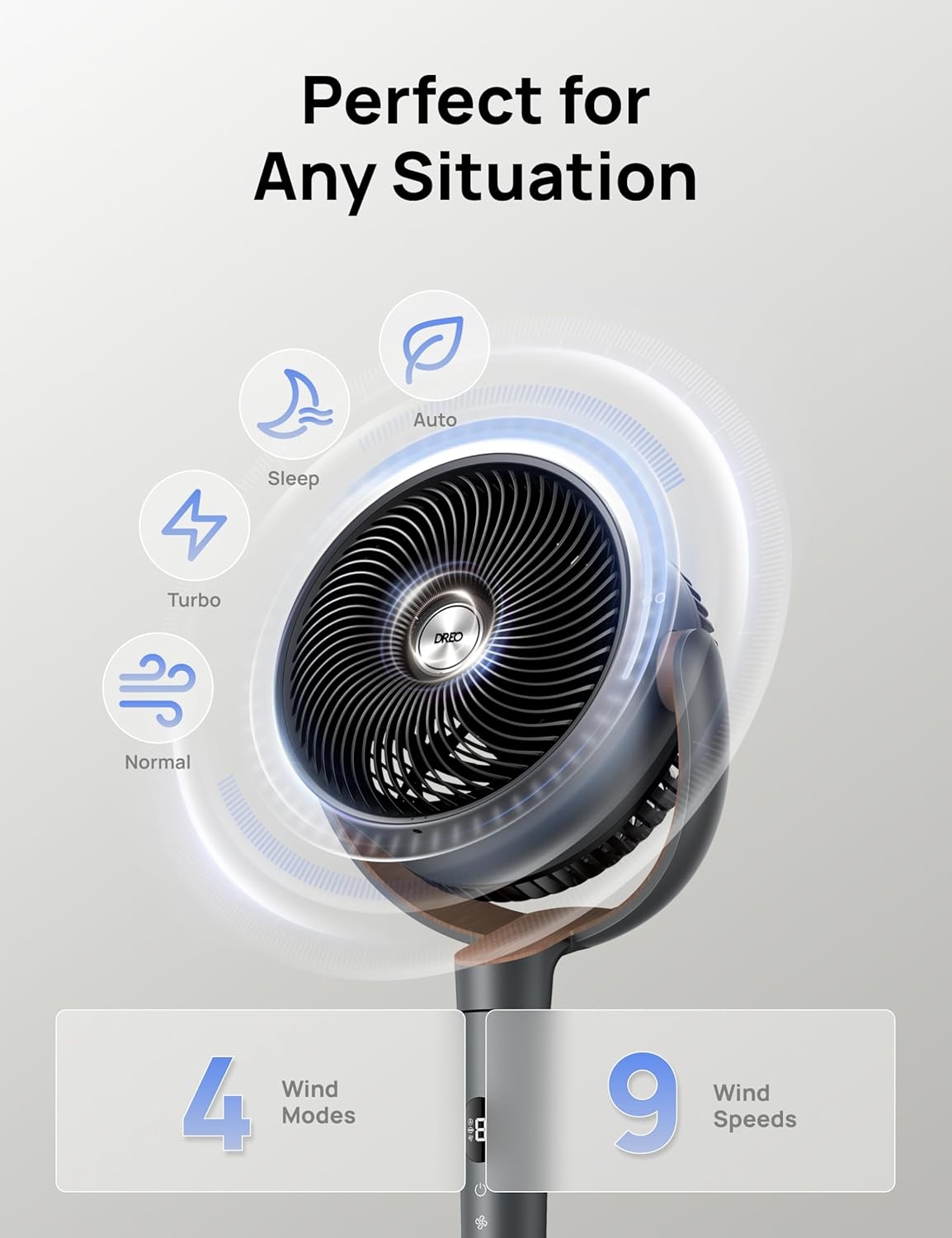 image:imageDREO Fan for Bedroom 120 Oscillating Standing Fans Quiet Floor Fan with DC Motor 100ft Pedestal Fans for Room 9 Speeds 4 modes 20dB 120 Manual Vertical 3742 Adjustable Height 8H TimerGrey