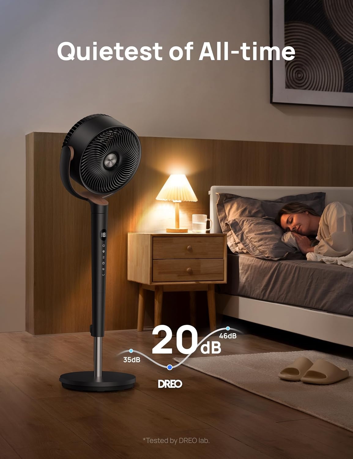 image:imageDREO Fan for Bedroom 120 Oscillating Standing Fans Quiet Floor Fan with DC Motor 100ft Pedestal Fans for Room 9 Speeds 4 modes 20dB 120 Manual Vertical 3742 Adjustable Height 8H TimerBlack and Gray