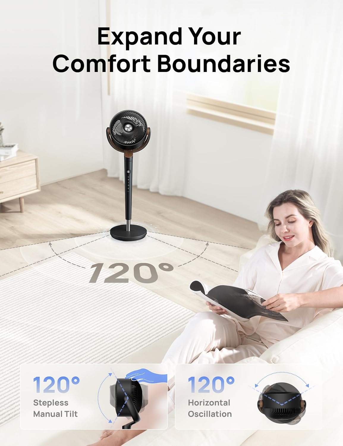 image:imageDREO Fan for Bedroom 120 Oscillating Standing Fans Quiet Floor Fan with DC Motor 100ft Pedestal Fans for Room 9 Speeds 4 modes 20dB 120 Manual Vertical 3742 Adjustable Height 8H TimerBlack and Gray