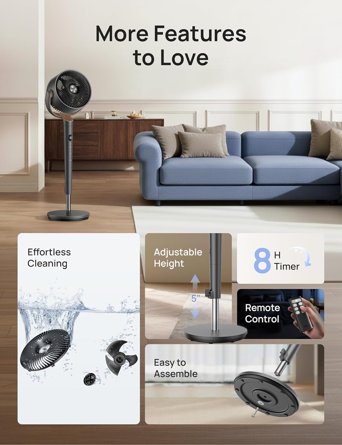image:imageDREO Fan for Bedroom 120 Oscillating Standing Fans Quiet Floor Fan with DC Motor 100ft Pedestal Fans for Room 9 Speeds 4 modes 20dB 120 Manual Vertical 3742 Adjustable Height 8H TimerDark Gray