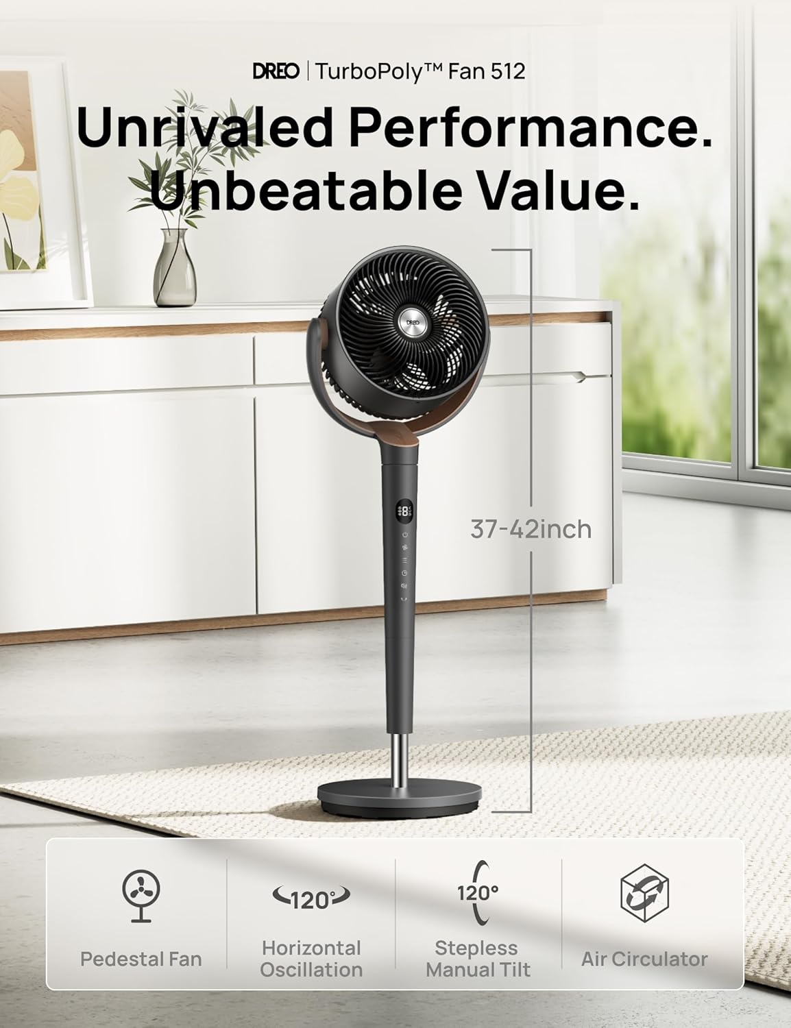 image:imageDREO Fan for Bedroom 120 Oscillating Standing Fans Quiet Floor Fan with DC Motor 100ft Pedestal Fans for Room 9 Speeds 4 modes 20dB 120 Manual Vertical 3742 Adjustable Height 8H TimerGrey