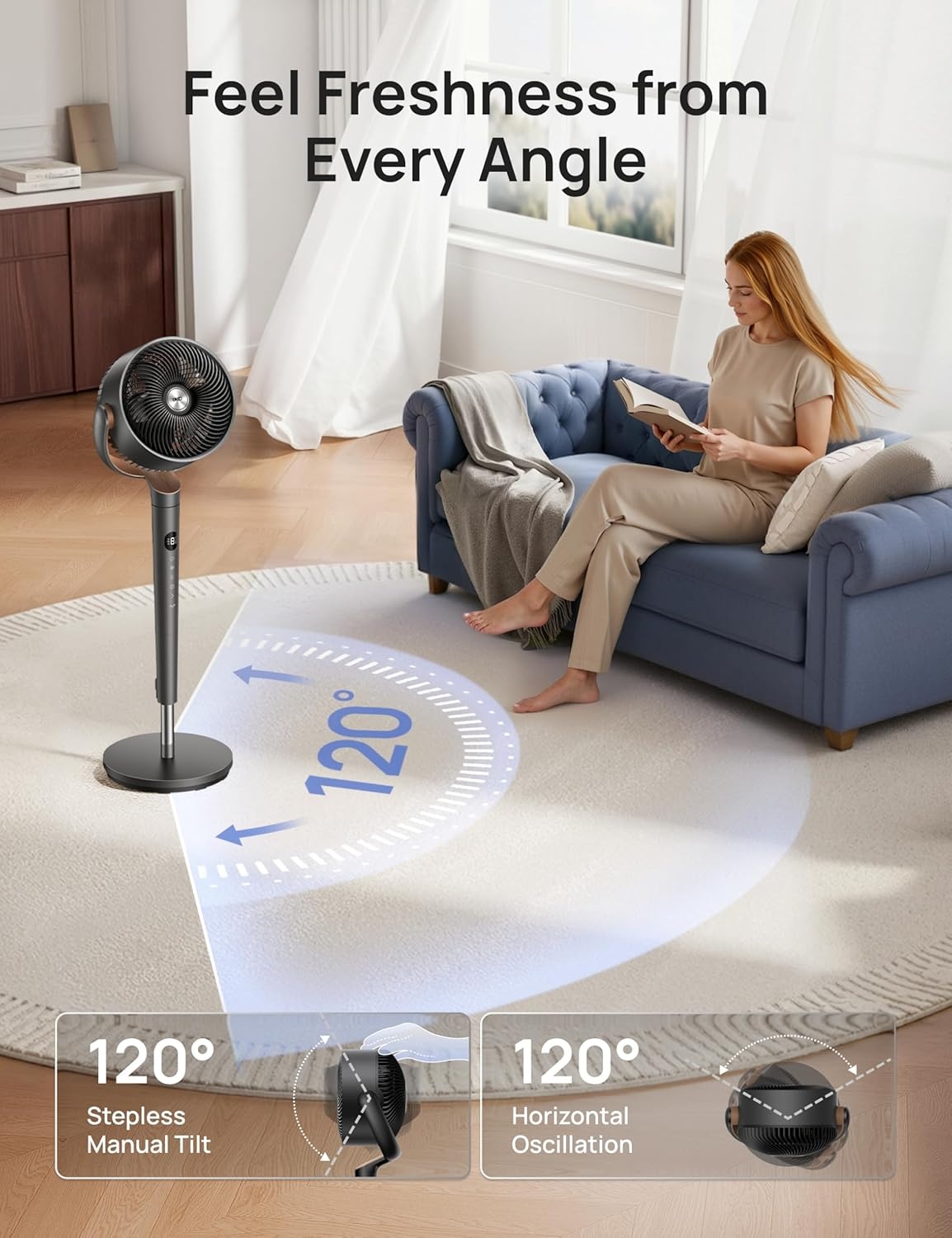 image:imageDREO Fan for Bedroom 120 Oscillating Standing Fans Quiet Floor Fan with DC Motor 100ft Pedestal Fans for Room 9 Speeds 4 modes 20dB 120 Manual Vertical 3742 Adjustable Height 8H TimerDark Gray