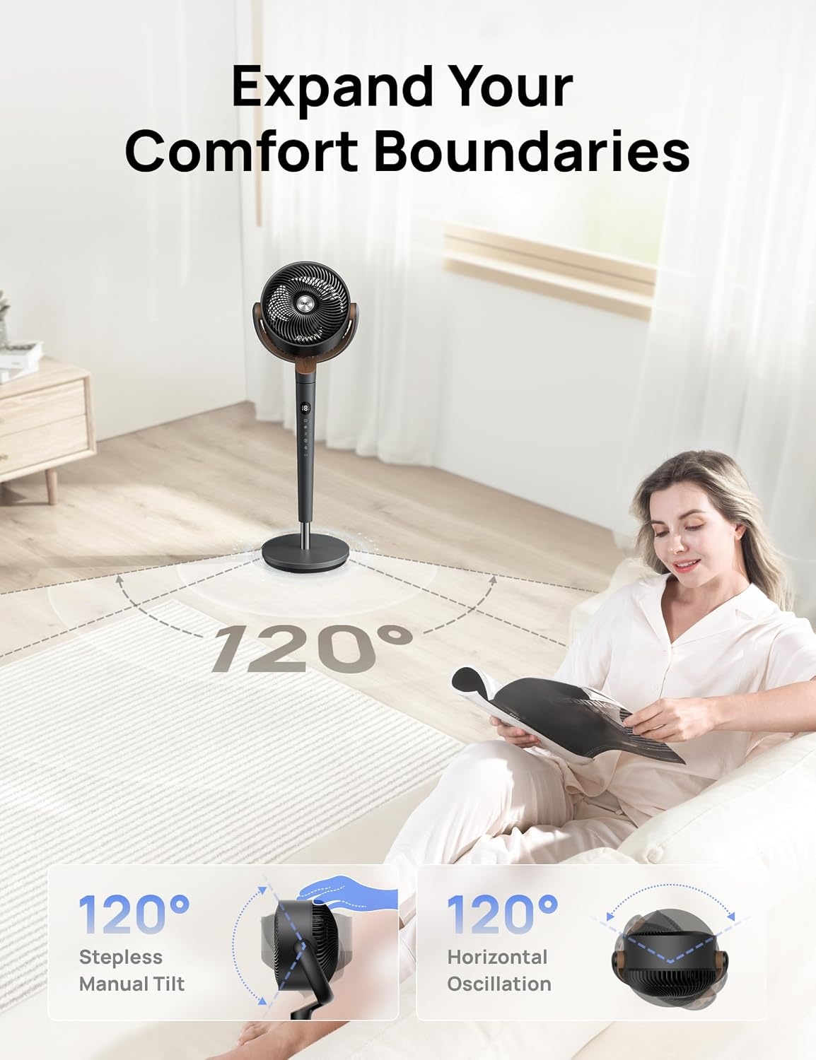 image:imageDREO Fan for Bedroom 120 Oscillating Standing Fans Quiet Floor Fan with DC Motor 100ft Pedestal Fans for Room 9 Speeds 4 modes 20dB 120 Manual Vertical 3742 Adjustable Height 8H TimerGrey