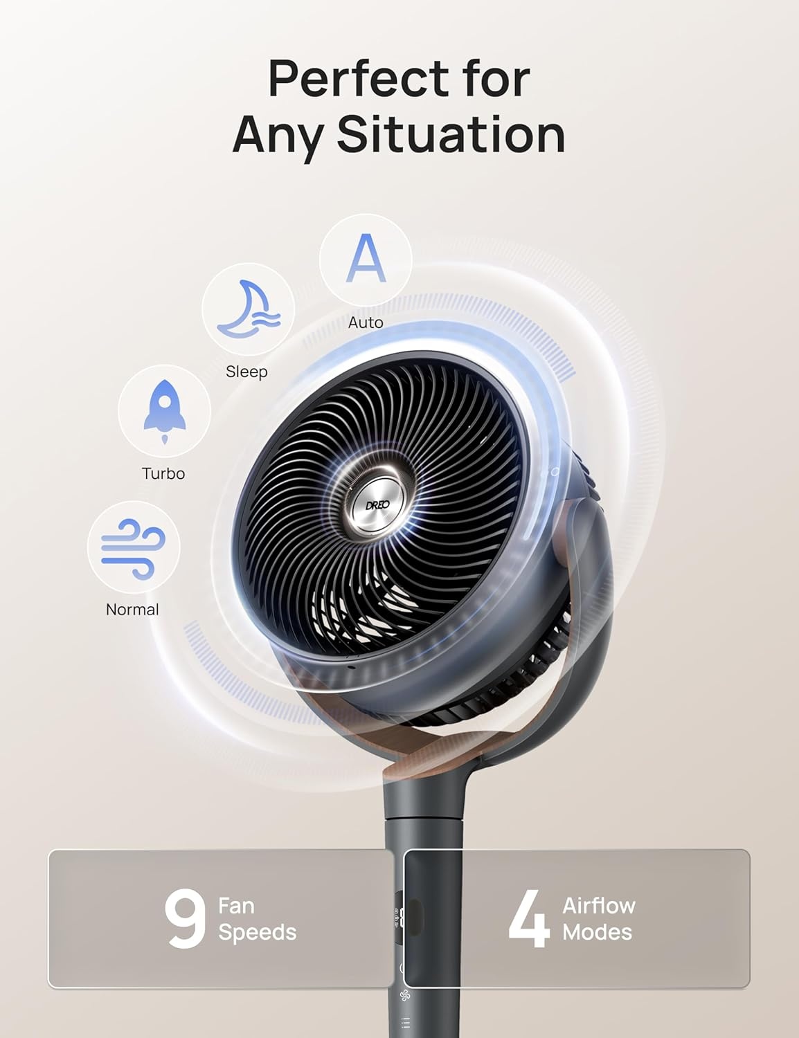 image:imageDREO Fan for Bedroom 120 Oscillating Standing Fans Quiet Floor Fan with DC Motor 100ft Pedestal Fans for Room 9 Speeds 4 modes 20dB 120 Manual Vertical 3742 Adjustable Height 8H TimerDark Gray
