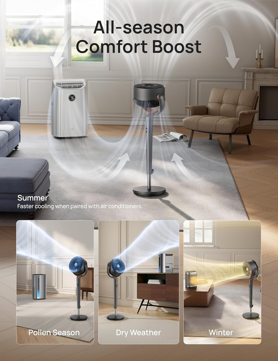 image:imageDREO Fan for Bedroom 120 Oscillating Standing Fans Quiet Floor Fan with DC Motor 100ft Pedestal Fans for Room 9 Speeds 4 modes 20dB 120 Manual Vertical 3742 Adjustable Height 8H TimerDark Gray