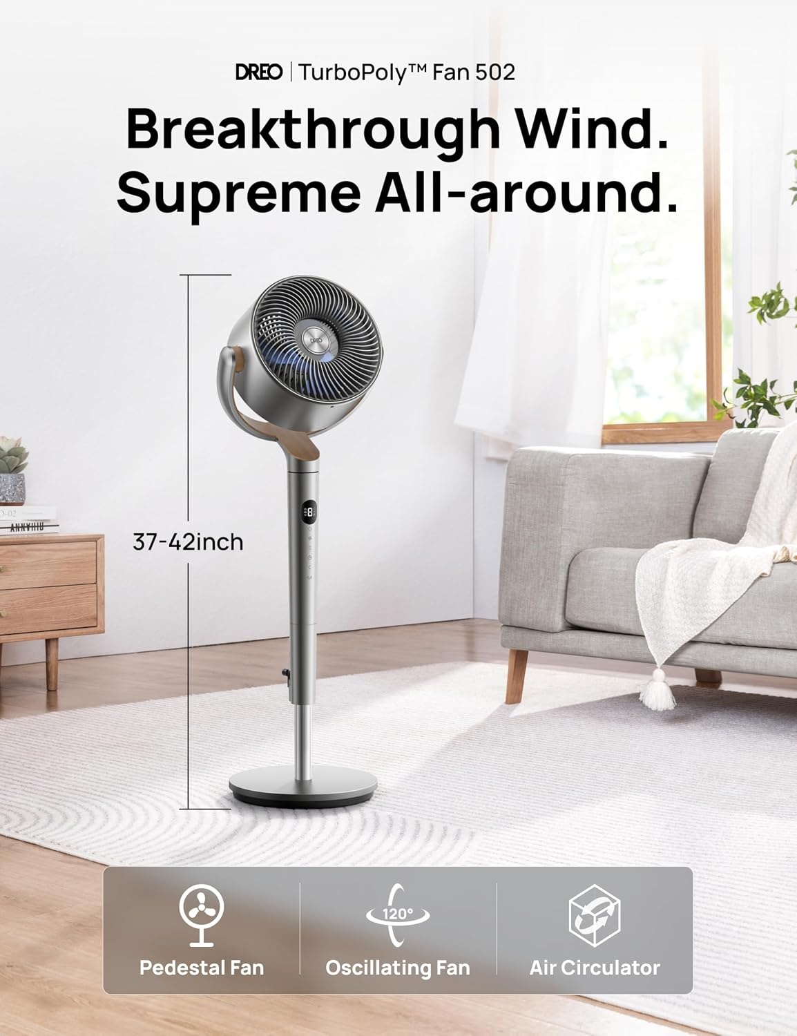 image:imageDREO Fan for Bedroom 120120Omnidirectional Oscillating Fan 90ft DC Motor 20 dB Quiet Standing Pedestal Fans 8 Speeds 3 Modes Circulator with Remote 3540 Adjustable Height 8H TimerLight silver