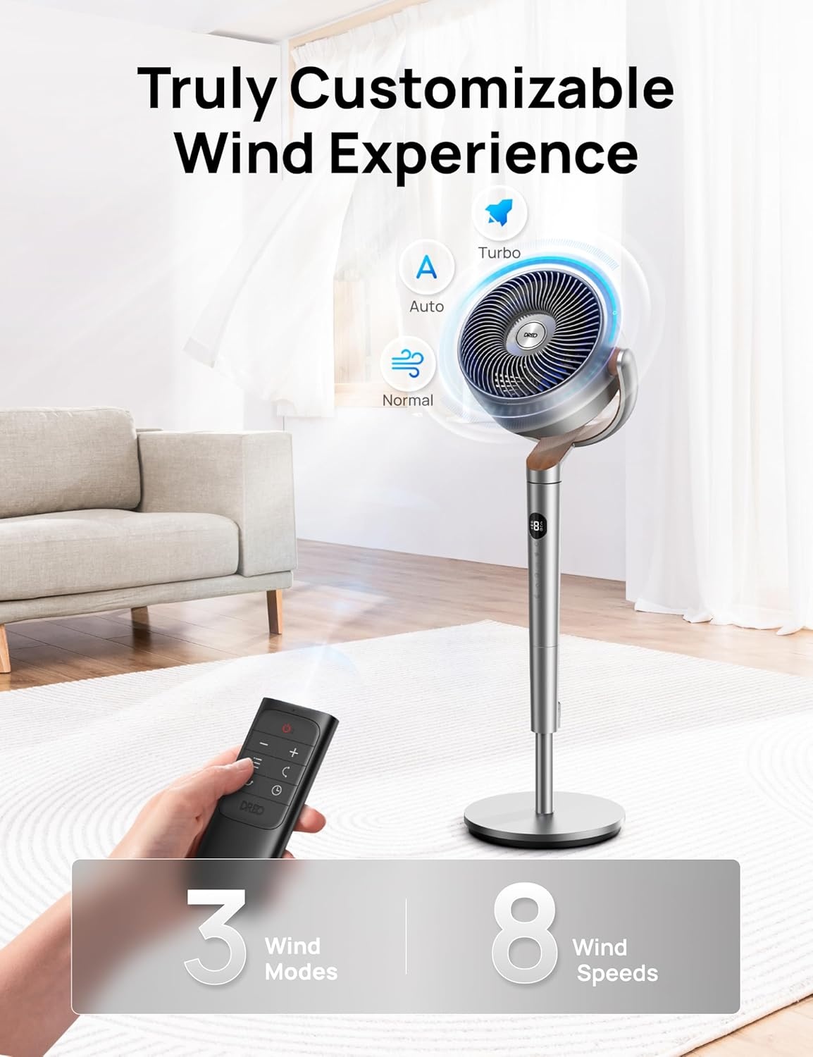 image:imageDREO Fan for Bedroom 120120Omnidirectional Oscillating Fan 90ft DC Motor 20 dB Quiet Standing Pedestal Fans 8 Speeds 3 Modes Circulator with Remote 3540 Adjustable Height 8H TimerLight silver