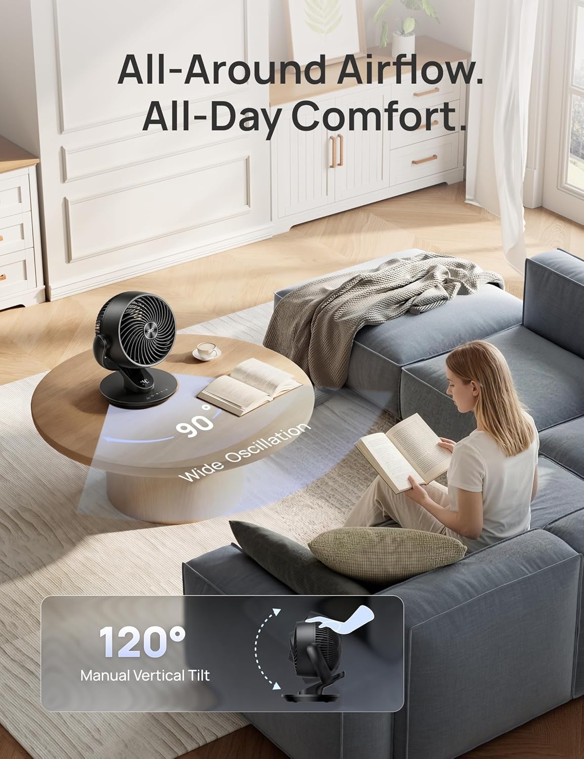 image:imageDREO Fan for Bedroom 13Inch Oscillating Table Air Circulator Fan for Whole Room 120 Tilt Adjustment 25dB UltraQuiet 75ft Powerful Airflow 4 Speeds Desk Fans with Remote for Home OfficeBlack