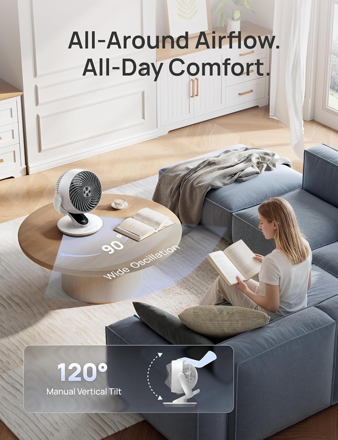 image:imageDREO Fan for Bedroom 13Inch Oscillating Table Air Circulator Fan for Whole Room 120 Tilt Adjustment 25dB UltraQuiet 75ft Powerful Airflow 4 Speeds Desk Fans with Remote for Home OfficeWhite