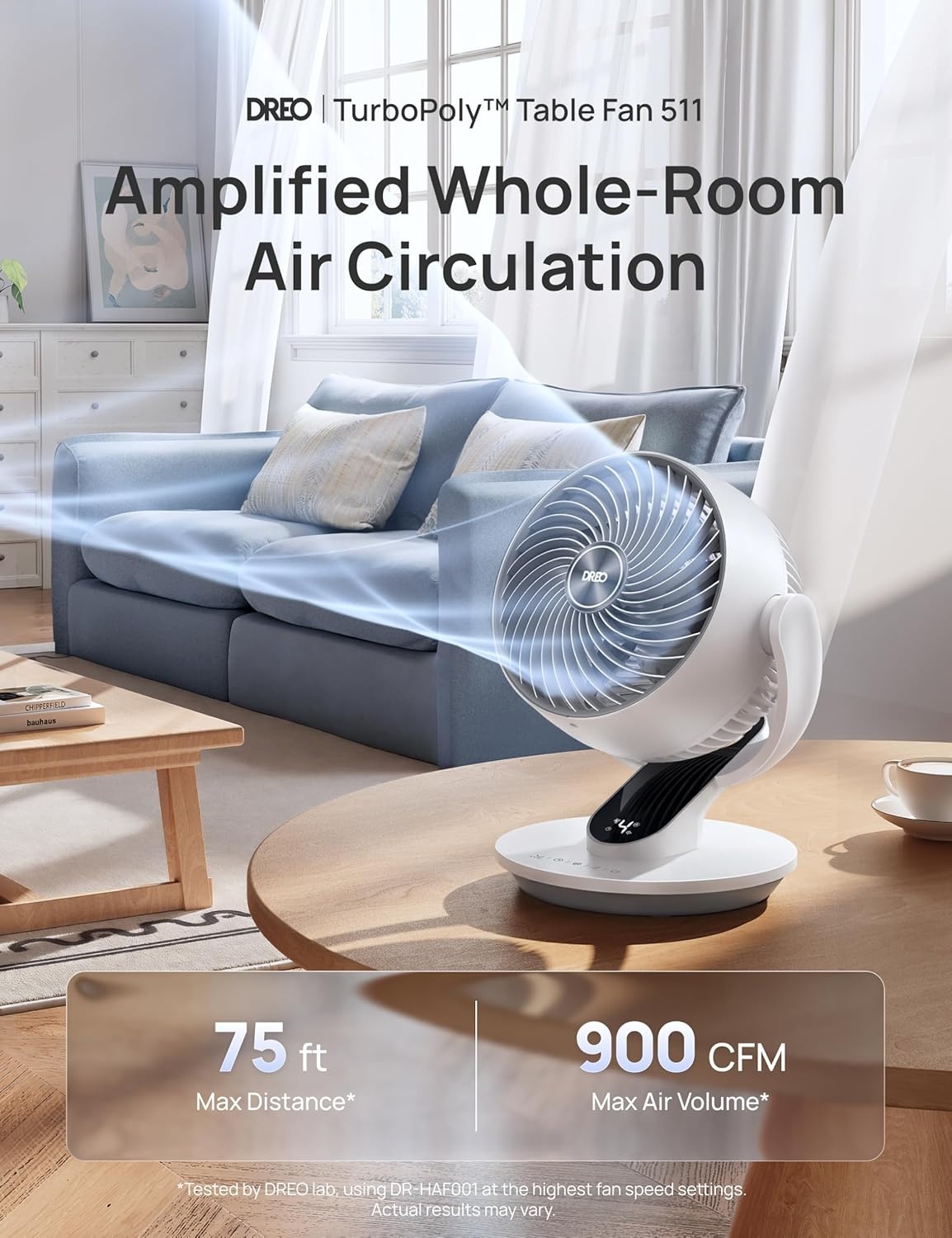 image:imageDREO Fan for Bedroom 13Inch Oscillating Table Air Circulator Fan for Whole Room 120 Tilt Adjustment 25dB UltraQuiet 75ft Powerful Airflow 4 Speeds Desk Fans with Remote for Home OfficeWhite