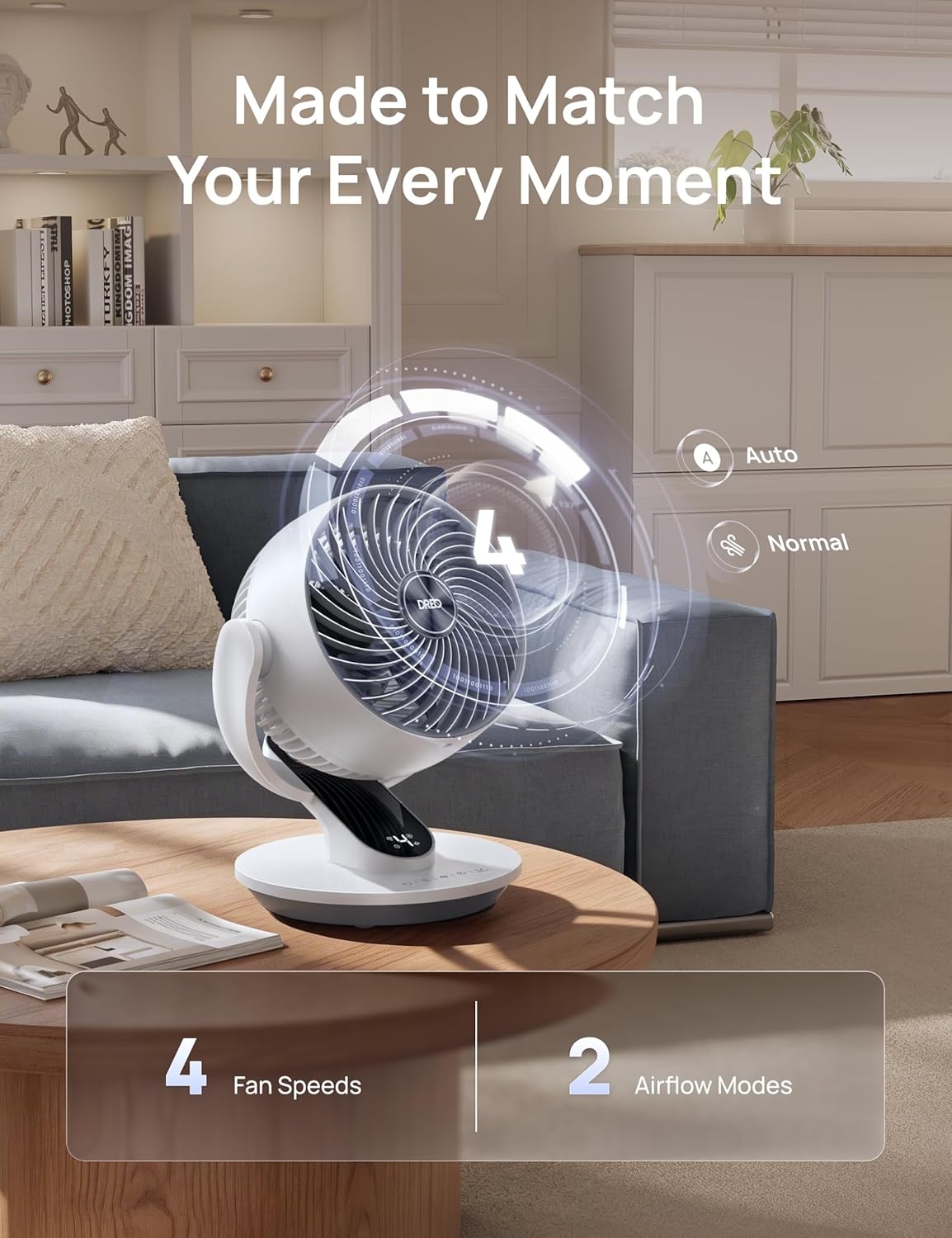 image:imageDREO Fan for Bedroom 13Inch Oscillating Table Air Circulator Fan for Whole Room 120 Tilt Adjustment 25dB UltraQuiet 75ft Powerful Airflow 4 Speeds Desk Fans with Remote for Home OfficeWhite