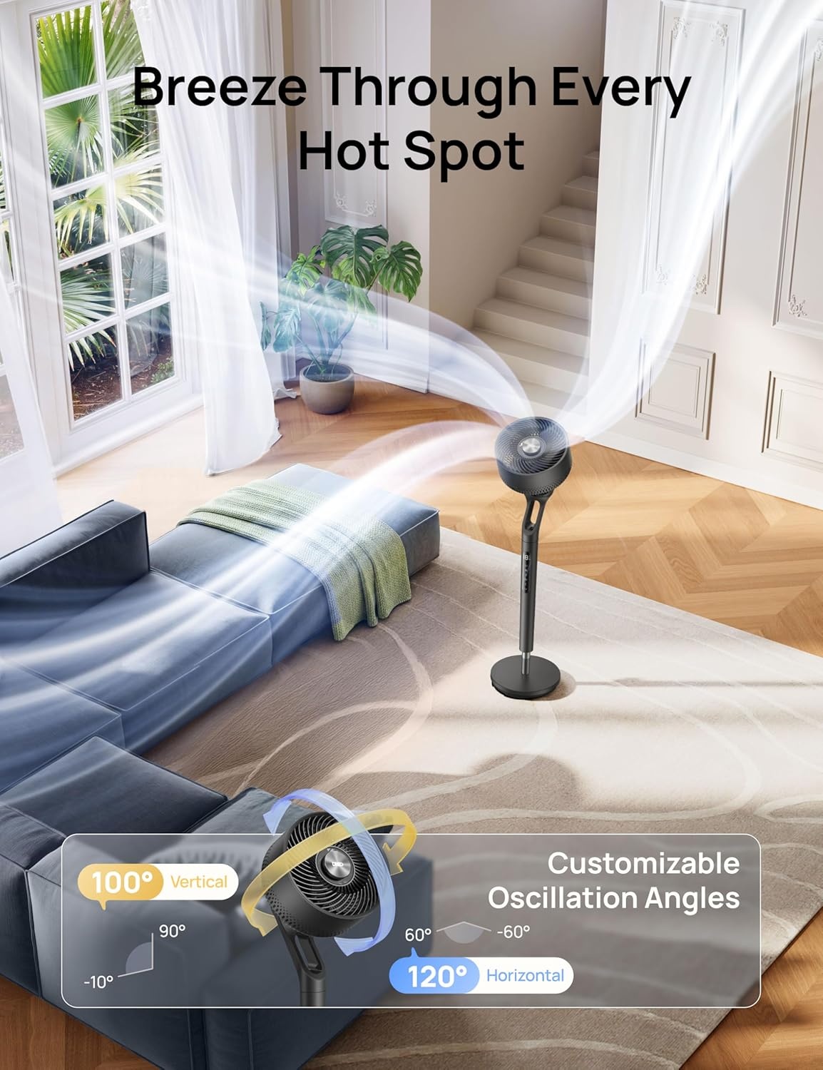 image:imageDREO Fan for Bedroom 2026 New model120100 OmniDirectional Oscillating Fan 96ft DC Motor 20 dB Quiet Standing Pedestal Fans 9 Speeds 3 Modes Remote 3742 Adjustable Height 8H Timer