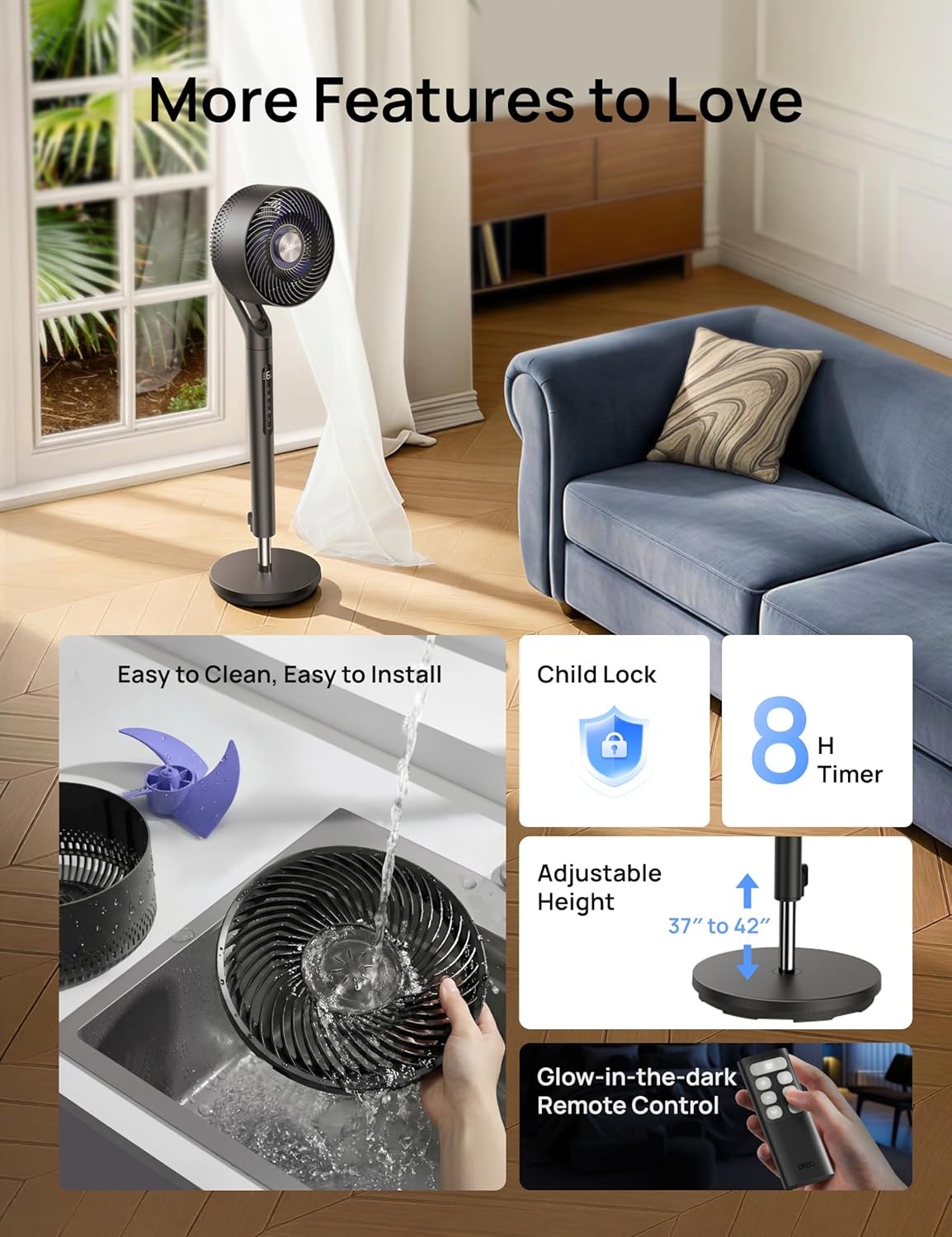 image:imageDREO Fan for Bedroom 2026 New model120100 OmniDirectional Oscillating Fan 96ft DC Motor 20 dB Quiet Standing Pedestal Fans 9 Speeds 3 Modes Remote 3742 Adjustable Height 8H Timer