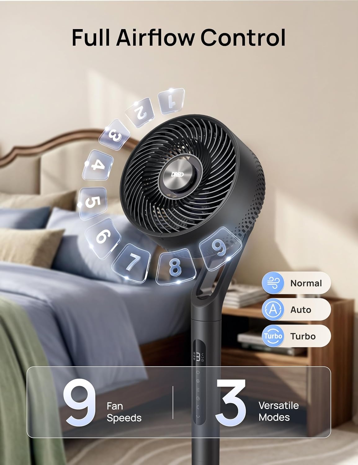 image:imageDREO Fan for Bedroom 2026 New model120100 OmniDirectional Oscillating Fan 96ft DC Motor 20 dB Quiet Standing Pedestal Fans 9 Speeds 3 Modes Remote 3742 Adjustable Height 8H Timer
