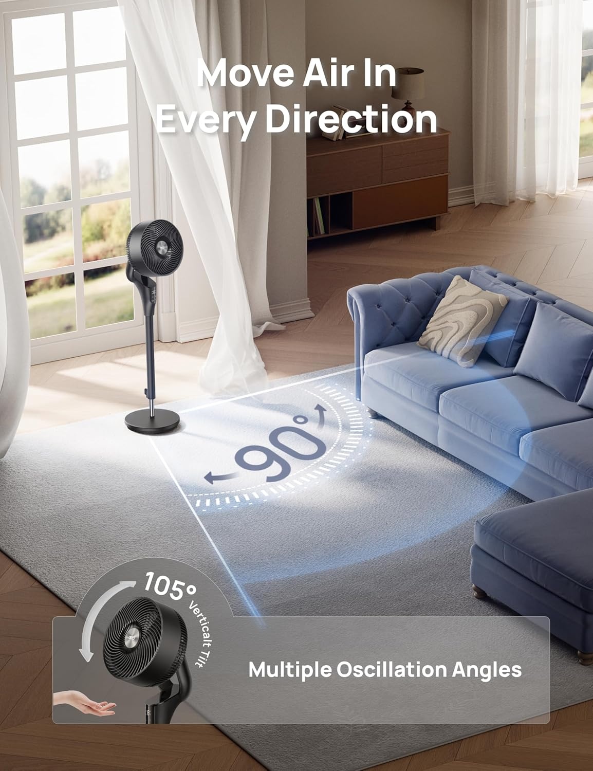image:imageDREO Fan for Bedroom 2026 Upgraded 90ft Airflow 20dB Quiet Fan 90 Oscillating Standing Fan for Whole Room DC Motor 8H Speeds 3 Modes 3842 Adjustable Height 8H Timer 105 Manual VerticalBlack